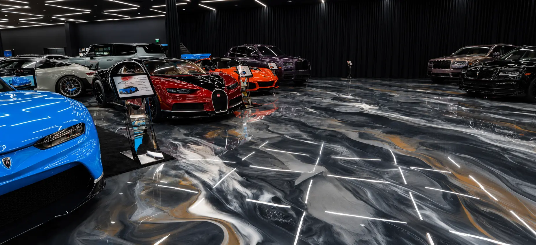 Metallic resin floor in a finished automotive showroom