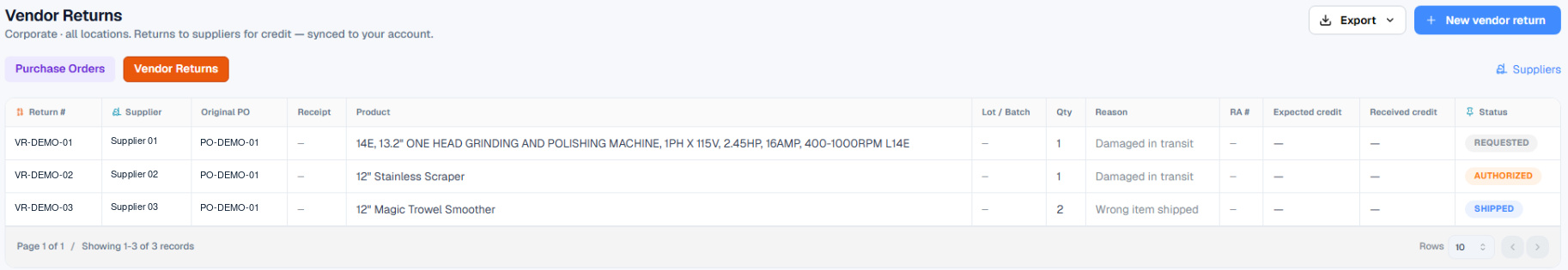 Vendor returns list with supplier, original purchase order, product, quantity, reason and status.