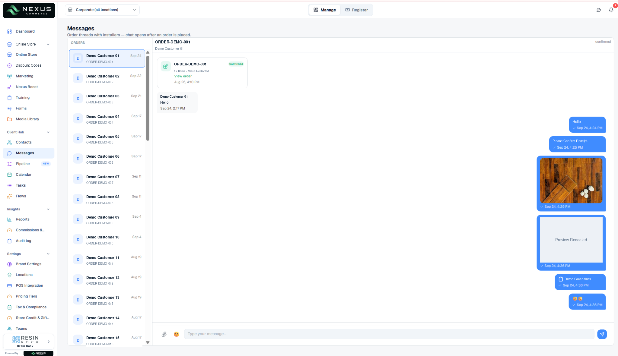 Messages screen with order conversation threads and a chat attached to an order.