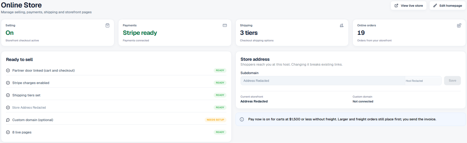 Online Store ready-to-sell checklist, including an optional custom domain marked as needing setup.