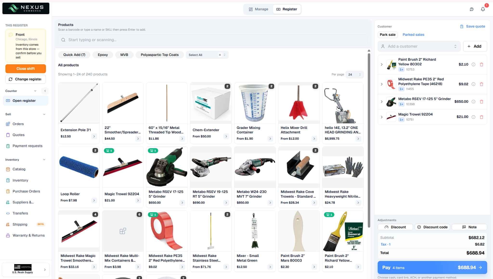 Register screen with a searchable product grid, a customer cart on the right and a Pay button with the order total.