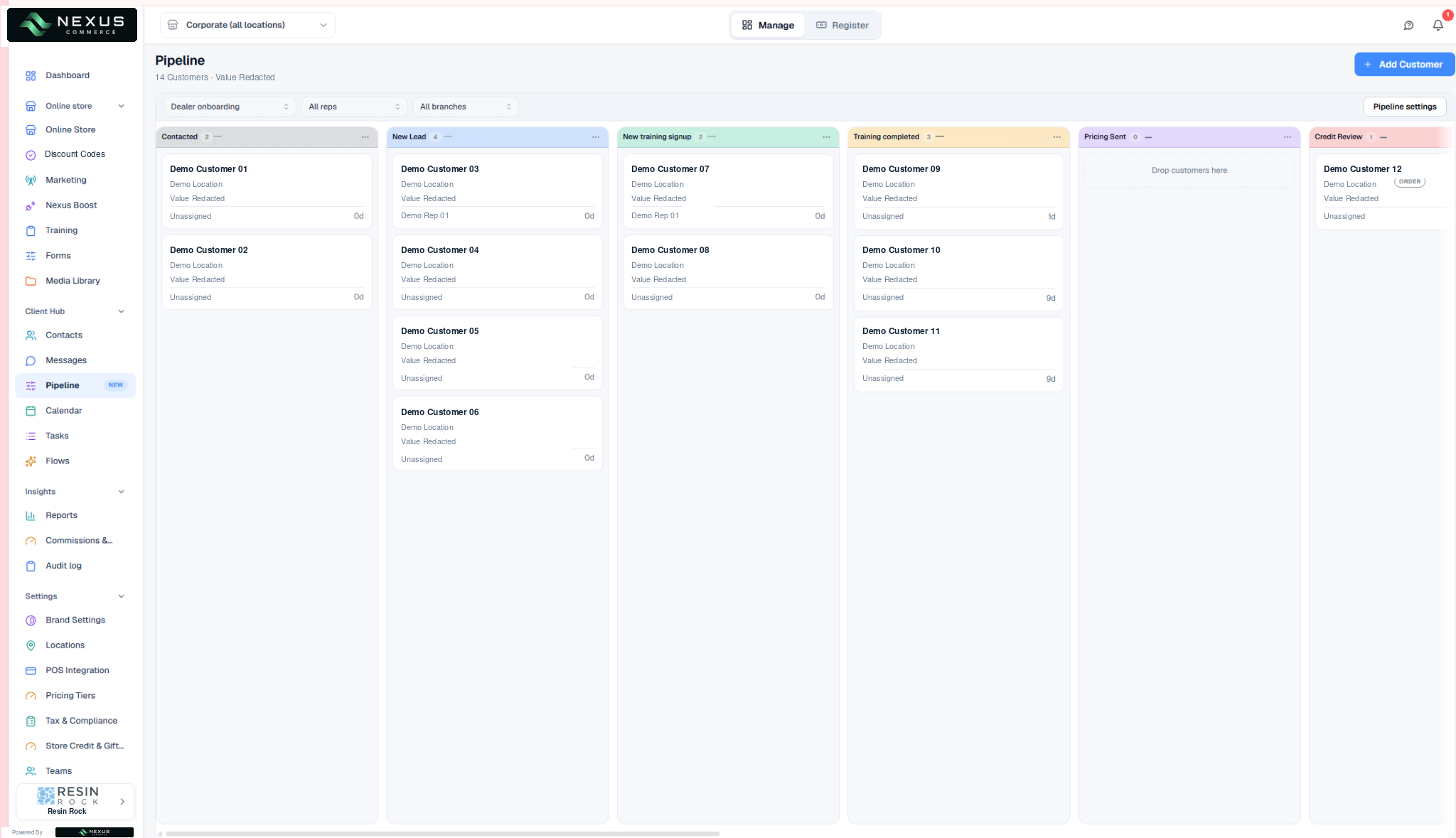 Pipeline board with dealer onboarding stages from contacted to credit review.