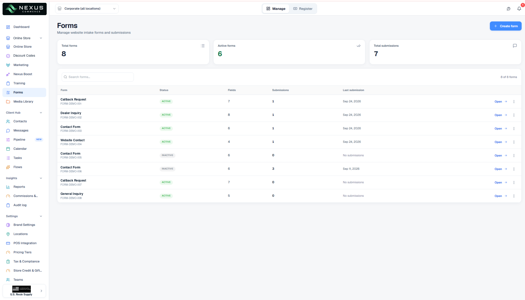 Forms screen with total forms, active forms and submissions, and a list of callback, dealer inquiry and contact forms.