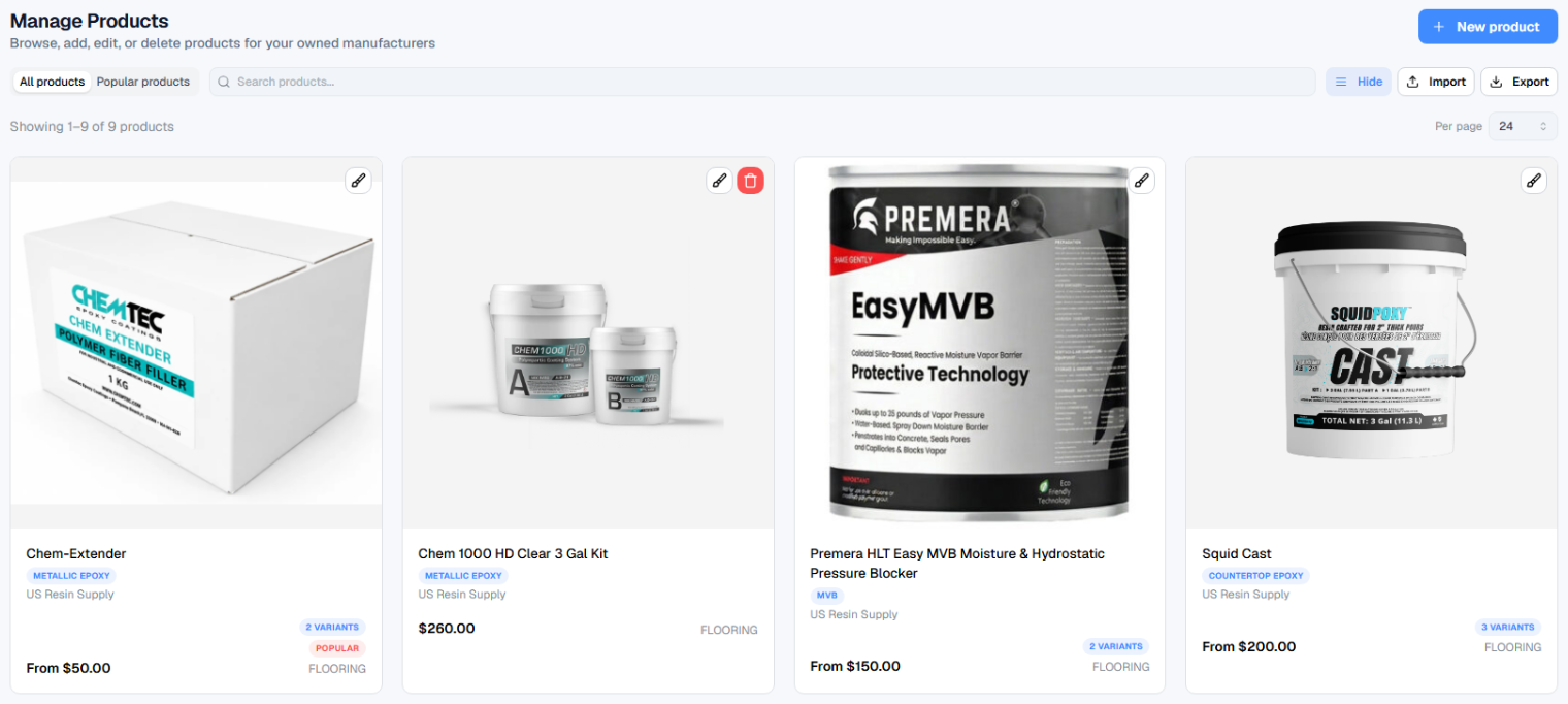 Close-up of the Manage Products grid showing product cards with prices, variant counts and manufacturer names.