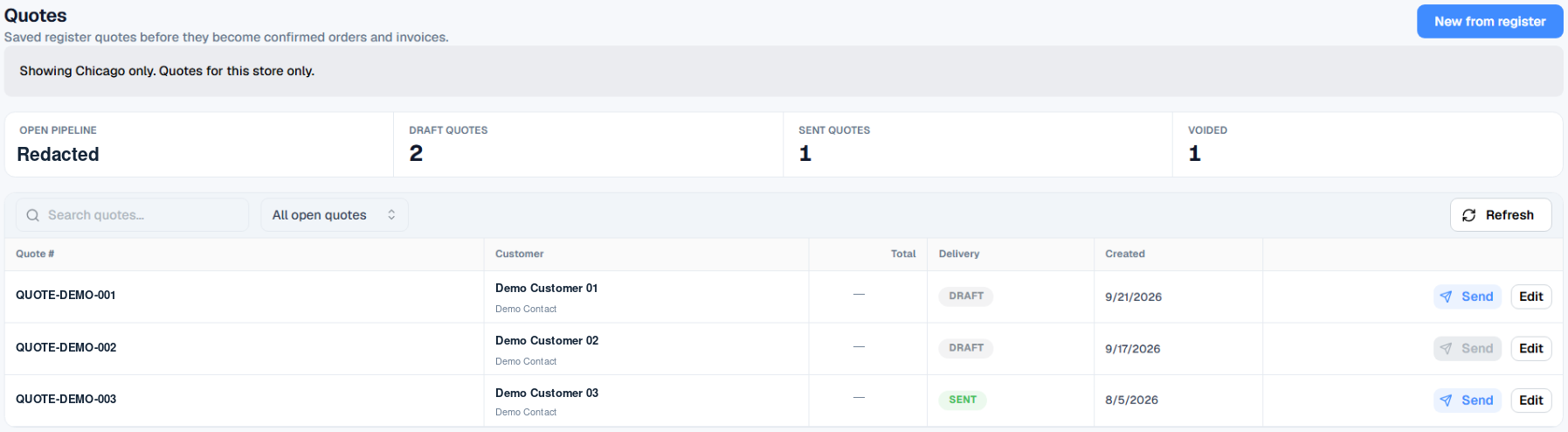 Quotes list showing draft and sent quotes with Send and Edit actions.