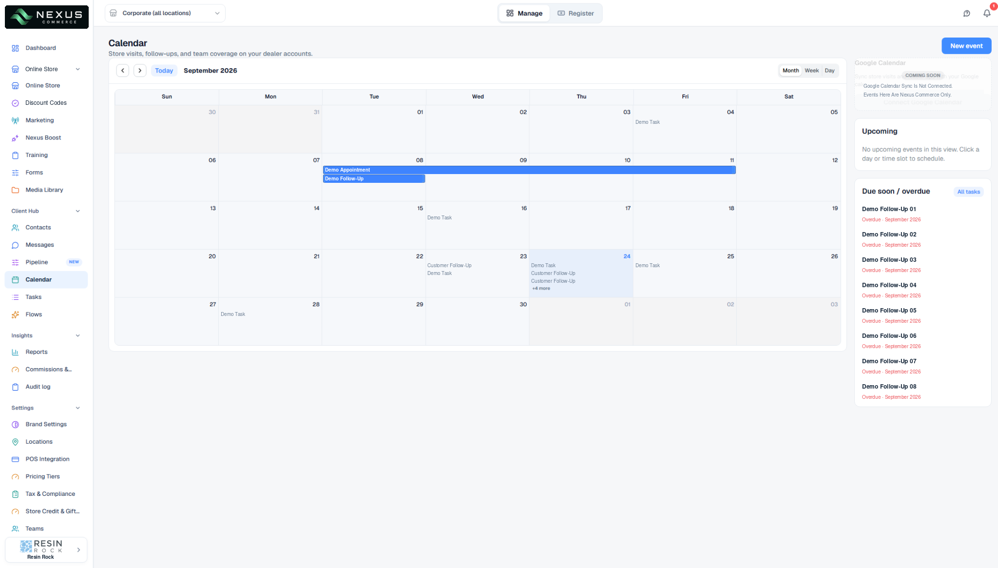 Calendar month view with follow-ups and a due-soon and overdue task list.