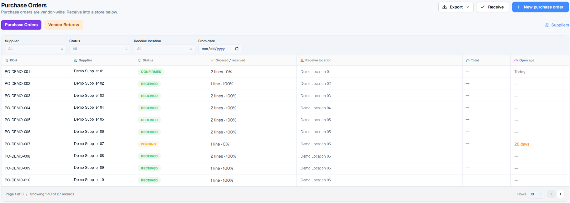 Purchase orders list with supplier, status, ordered versus received lines and receive location.