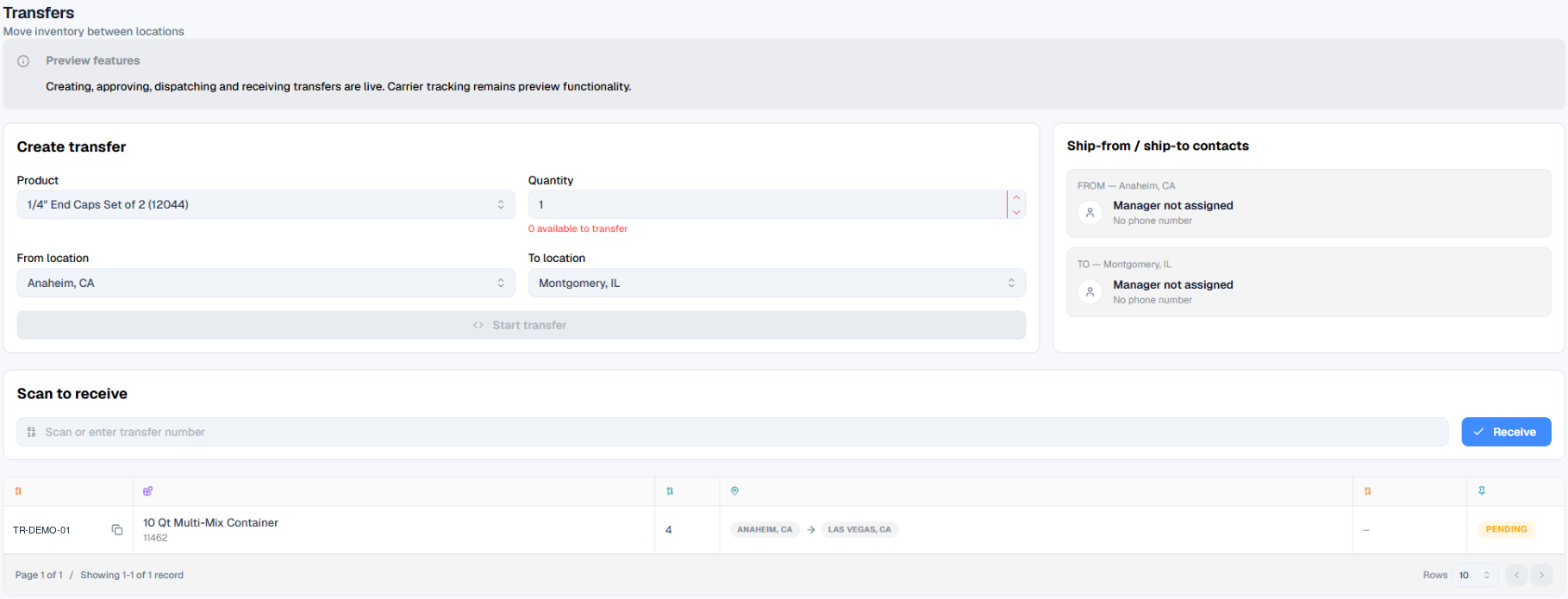Create transfer form with product, quantity, from and to locations, and a scan-to-receive field.