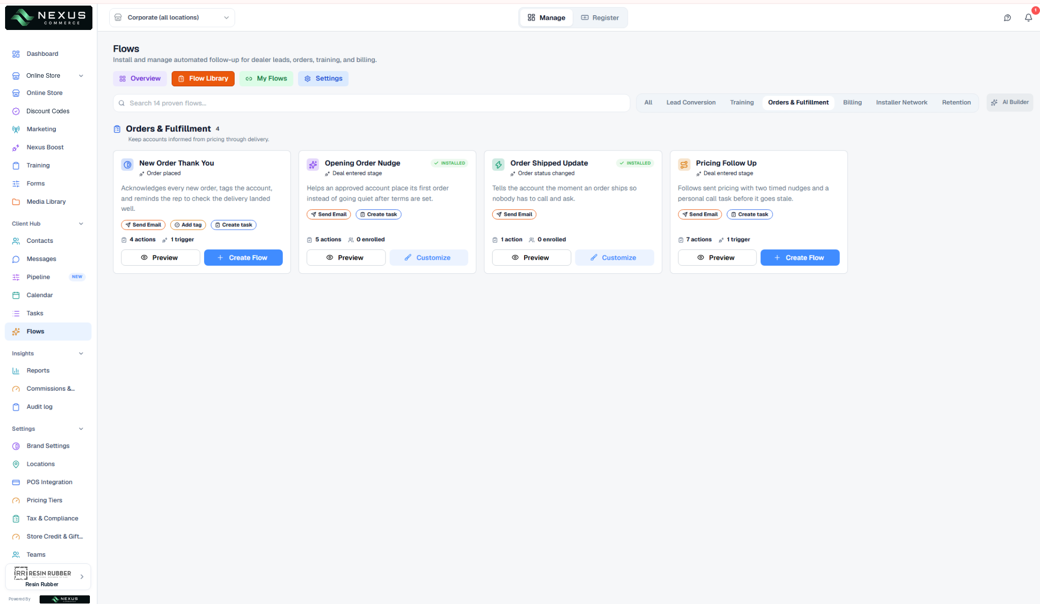 Flow Library with Orders and Fulfillment templates, category filters and an AI Builder button.