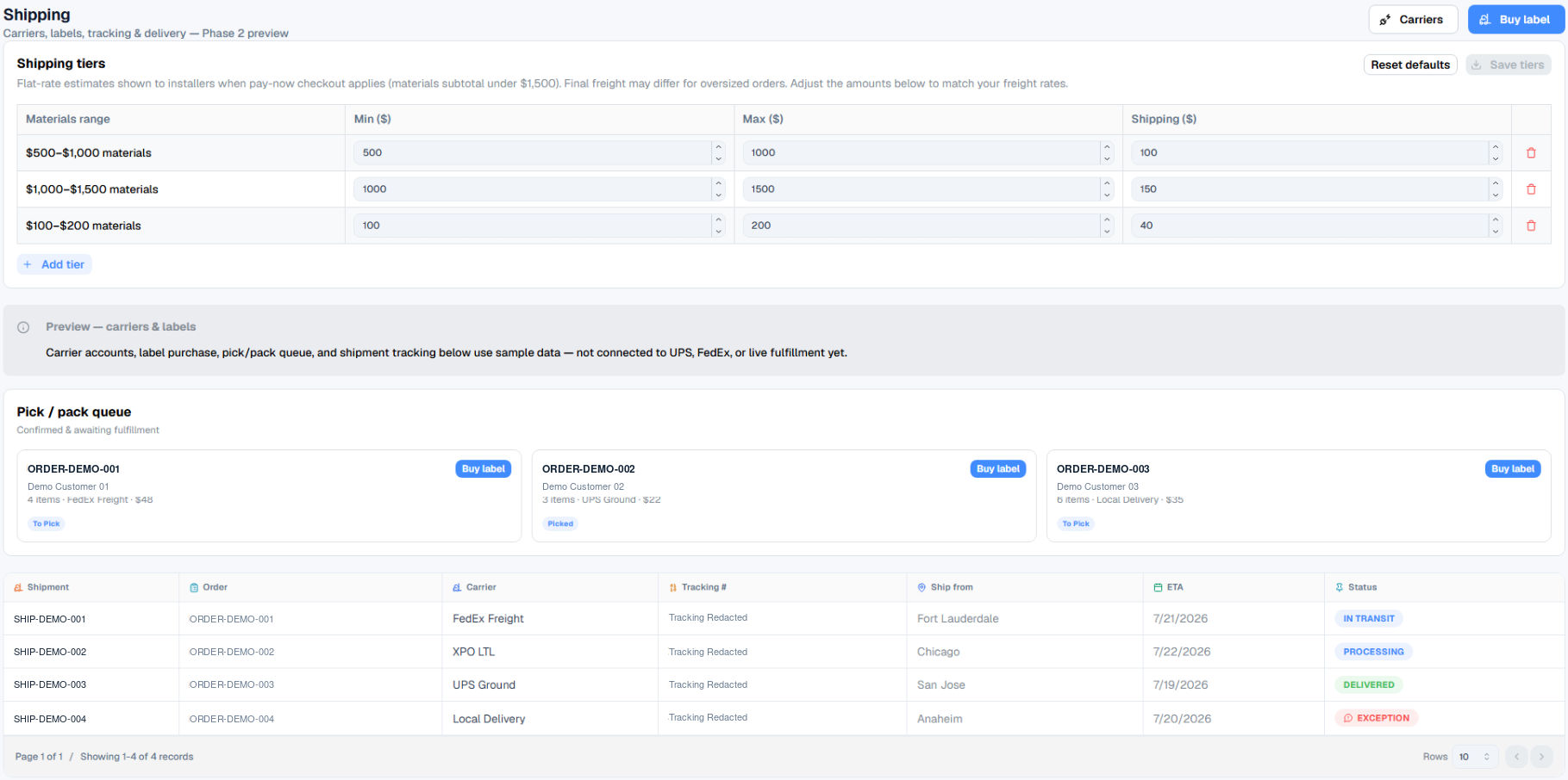 Shipping screen with shipping tiers by materials range, a pick and pack queue and a shipments table with carrier and status.