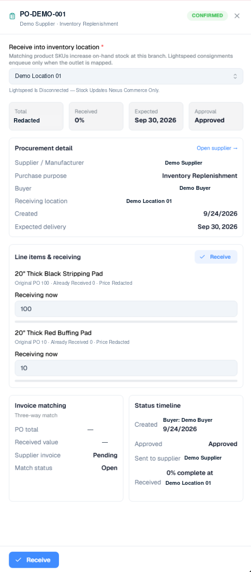 Purchase order receiving panel with a receive-into location, procurement detail, line items with quantities receiving now, and invoice matching.