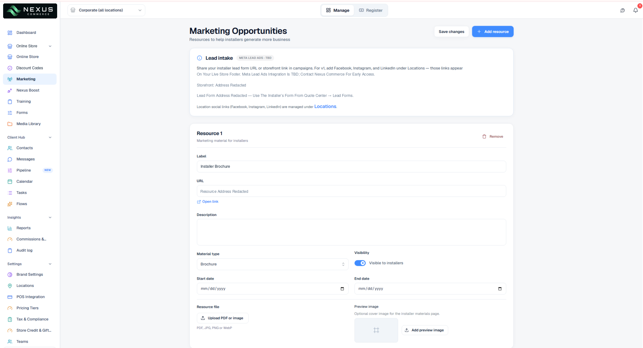 Marketing Opportunities screen for sharing lead forms, storefront links and marketing resources with installers.