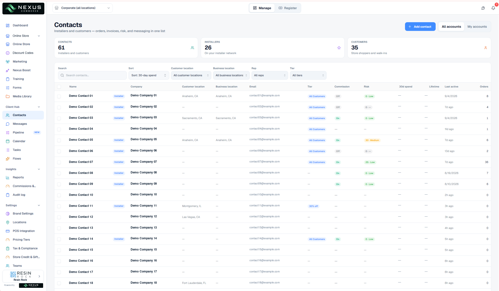 Contacts screen with installer network and customer counts, filters for rep and pricing tier, and an All Accounts or My Accounts toggle. The sidebar shows the Resin Rock brand with Powered by Nexus.