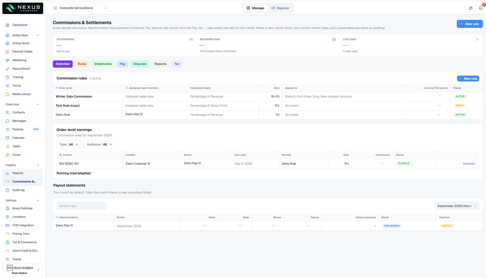 Commissions and Settlements screen with commission rules, order-level earnings and payout statements.