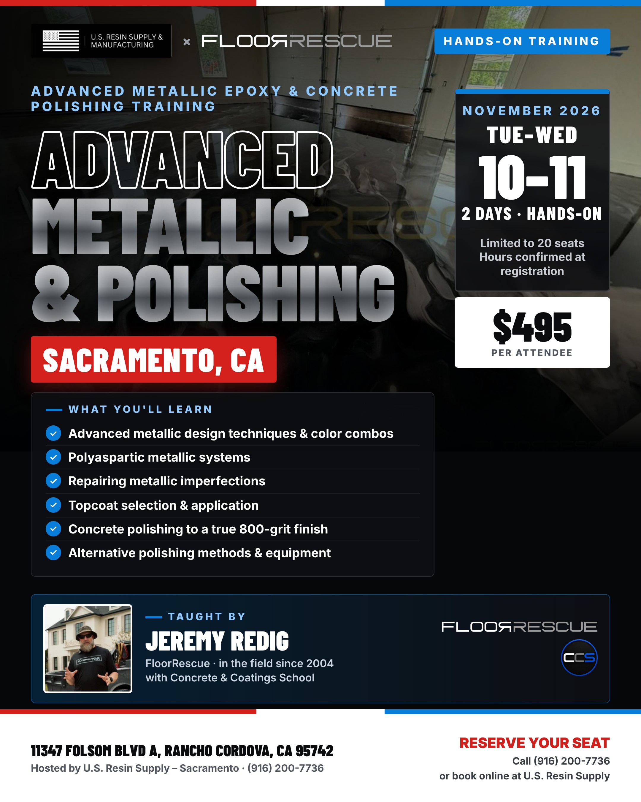 Advanced Metallic Epoxy & Concrete Polishing – Sacramento (Nov 10–11)