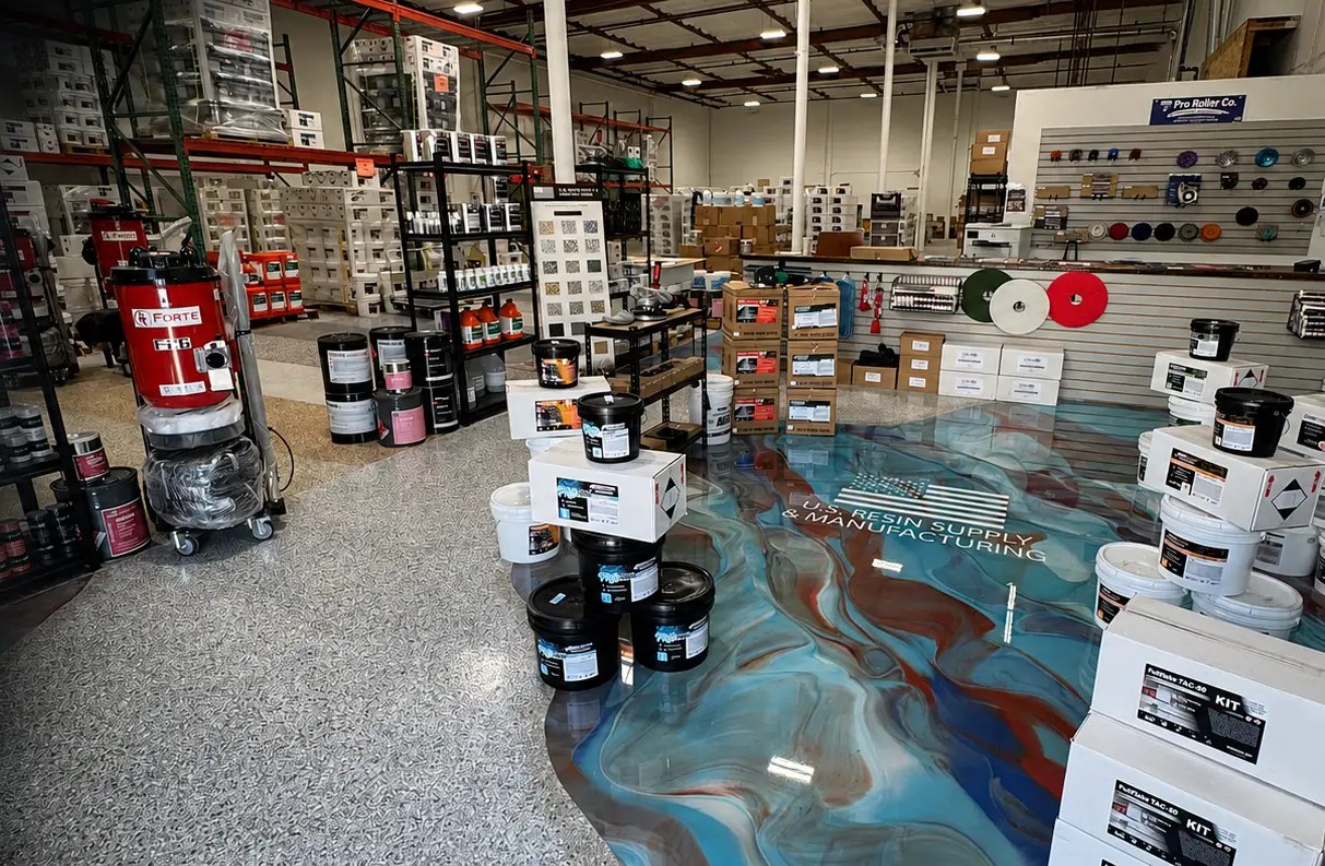 U.S. Resin Supply showroom with a metallic epoxy floor