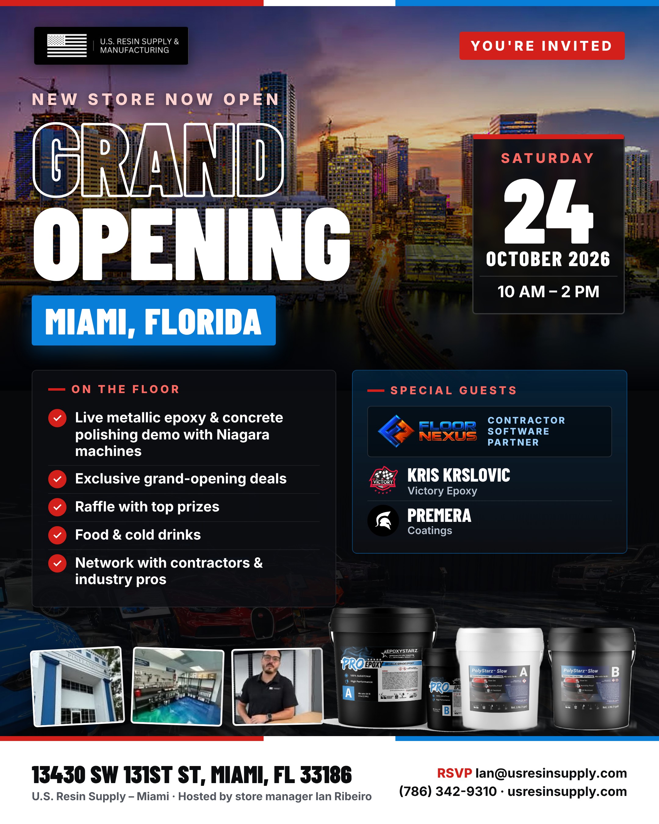U.S. Resin Supply Miami grand opening flyer — Saturday, October 24, 2026, 10 AM to 2 PM