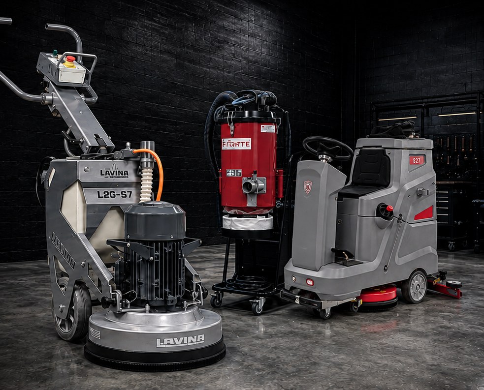 Lavina grinder, Forte dust extractor and ride-on scrubber